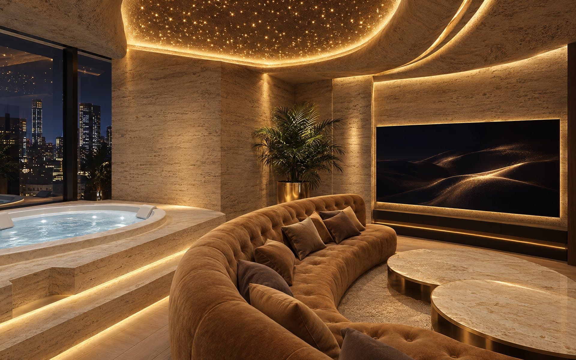 Chill Room ラウンジ。ジャグジー台と曲線のソファ、100インチモニター(図面を元にした 3D イメージ)