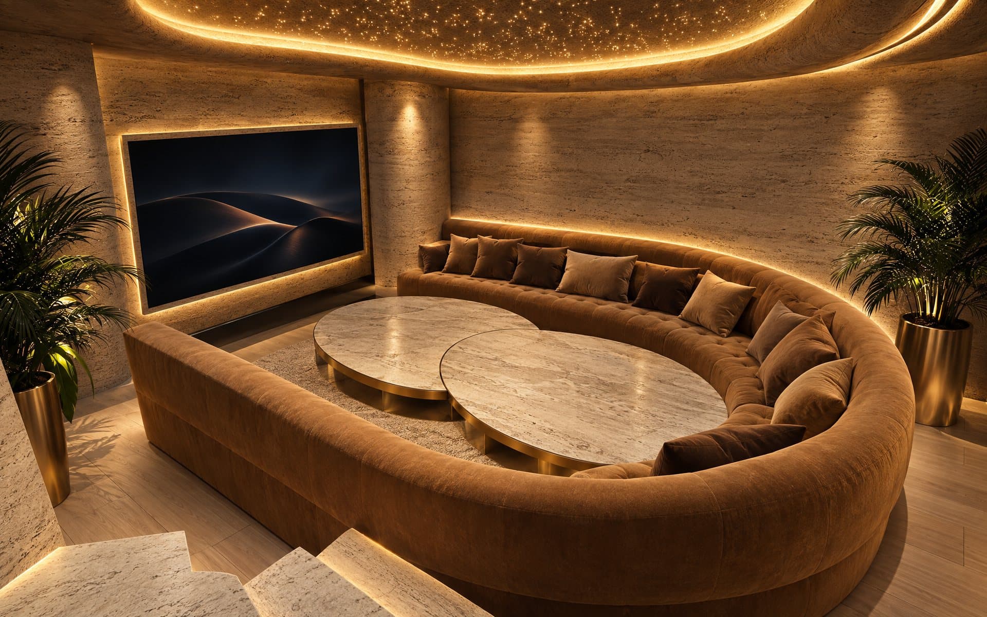 ジャグジー台から見下ろすラウンジのソファ席(図面を元にした 3D イメージ)