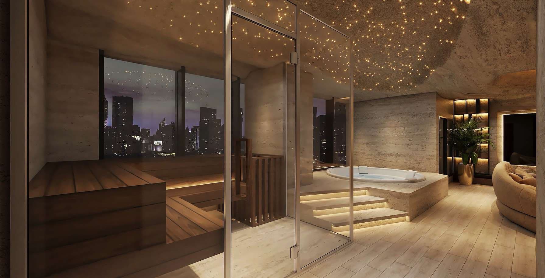 Chill Room 完成イメージ。ガラス張りのサウナ室、星空の天井、ジャグジーと東京の夜景