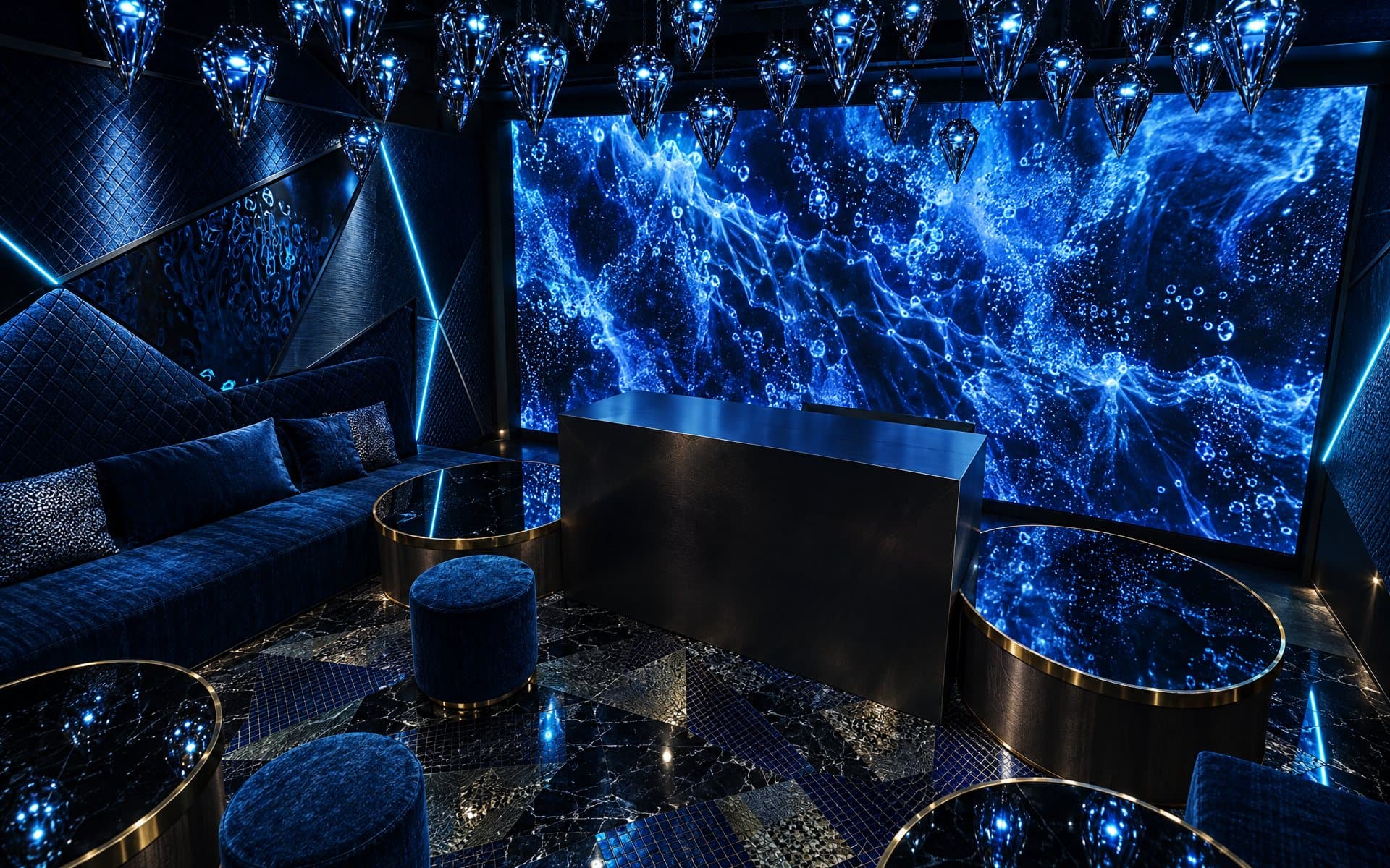 Party Room 全景。壁一面のLEDビジョンとDJブース、ネイビーのソファ席(図面を元にした 3D イメージ)