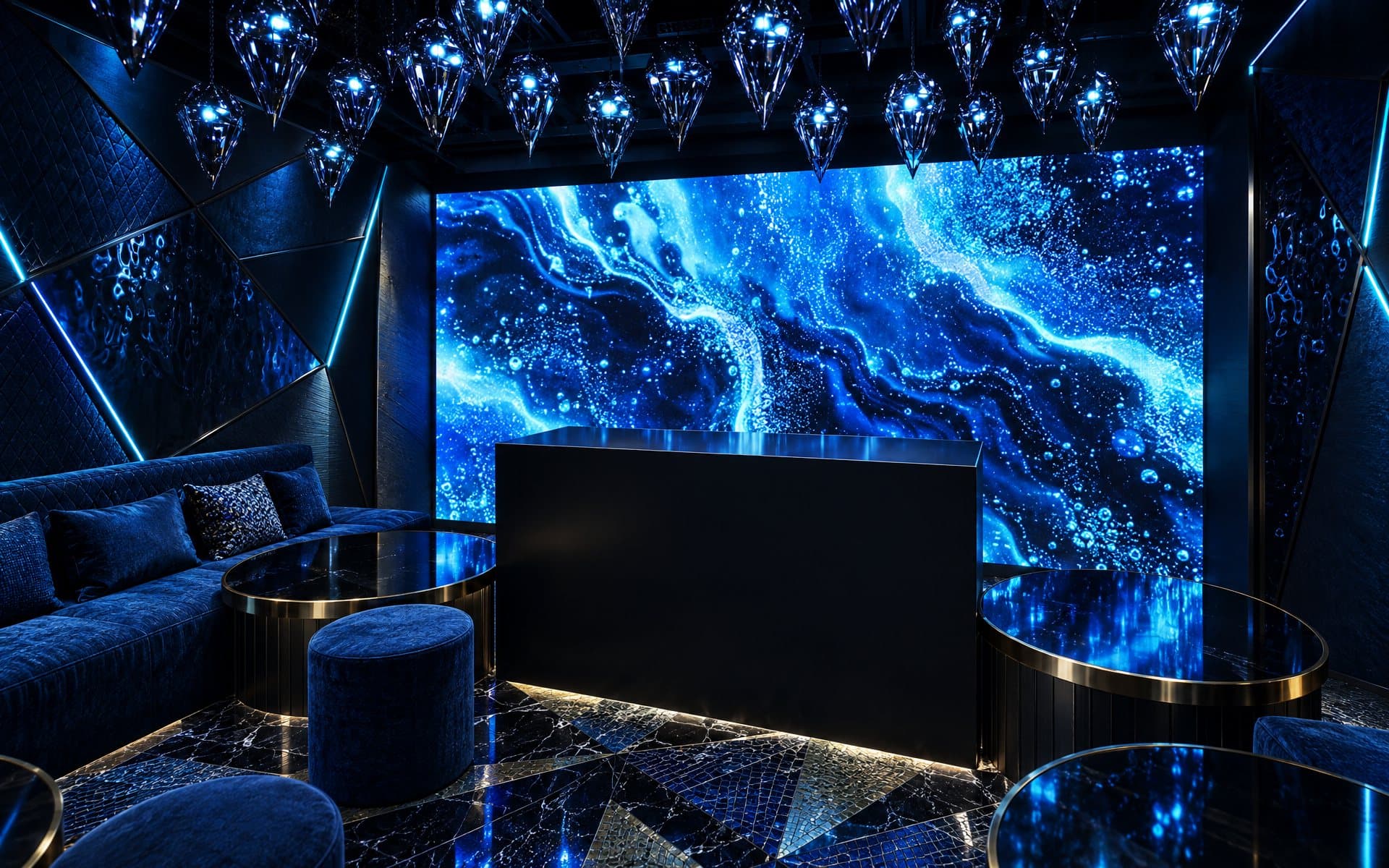 LEDビジョン前のDJブースとソファ席(図面を元にした 3D イメージ)