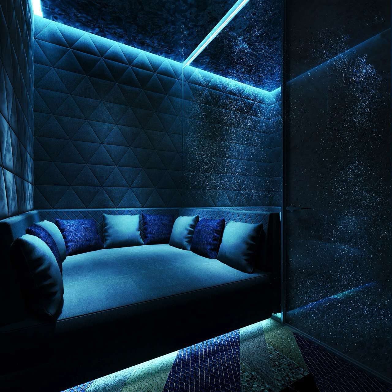 Party Room に隠し扉でつながる個室の完成イメージ。ブルーのキルティングソファ